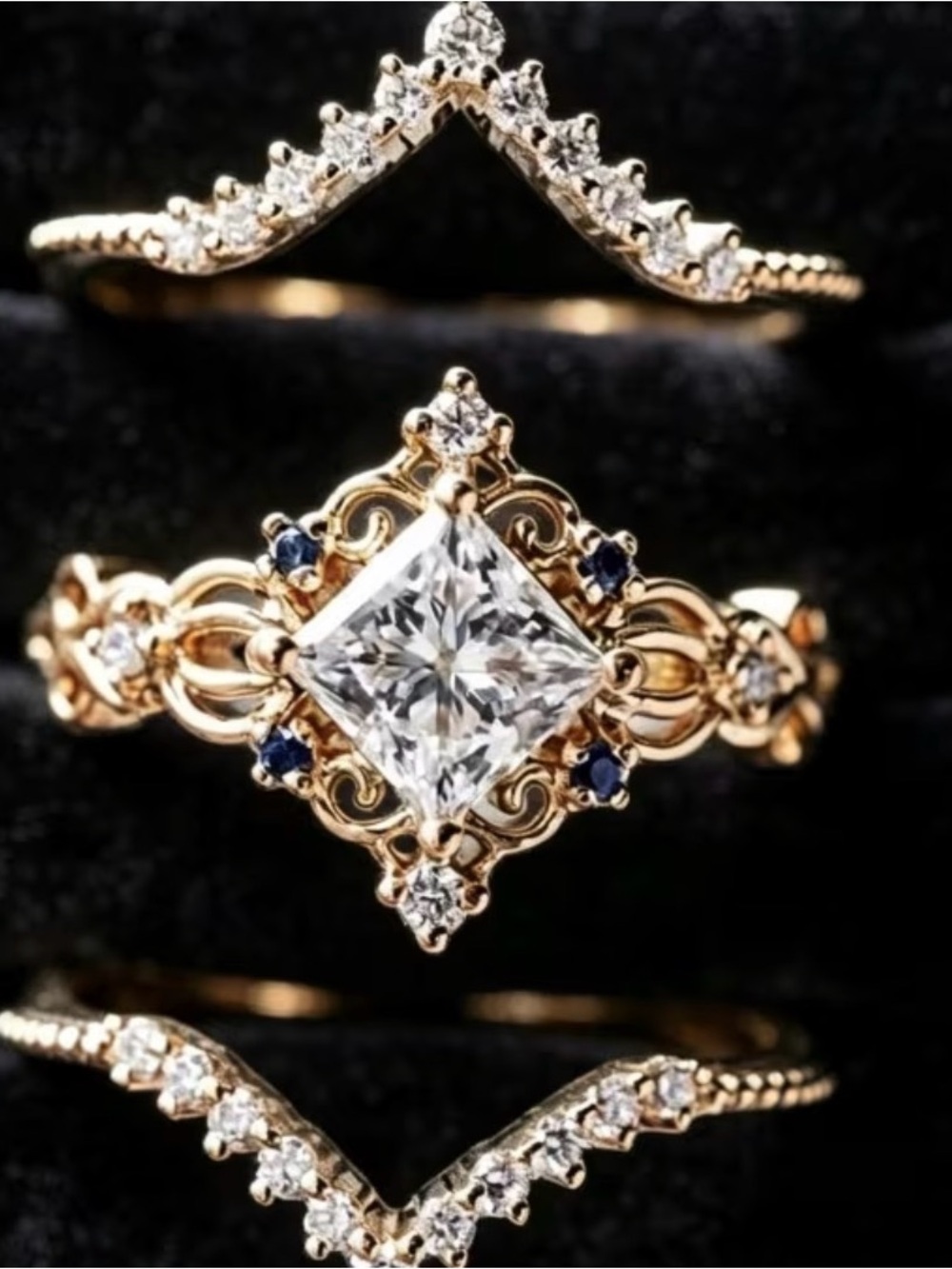 3 pc Gold diamond cz ring with blue sapphire